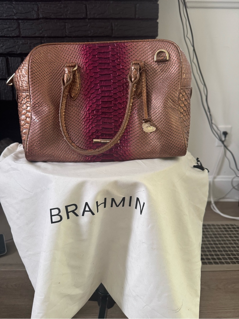 Brahmin Rose Gold and Fuchsia Embossed Python Satchel